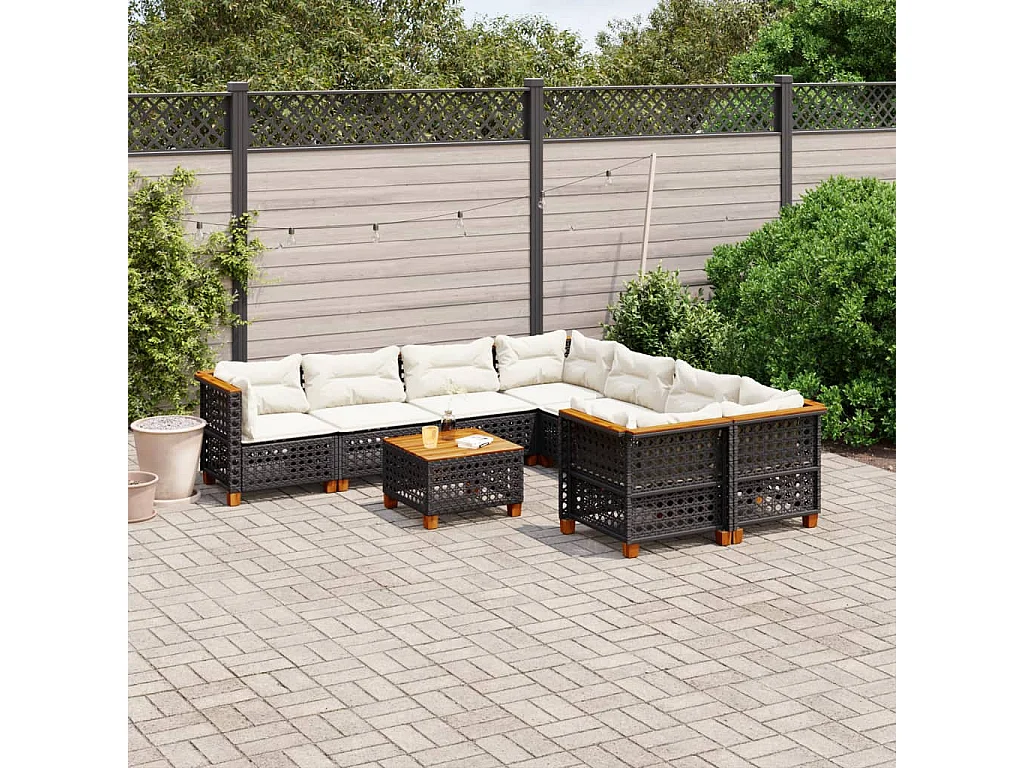 Salon de jardin 9 pcs avec coussins noir résine tressée