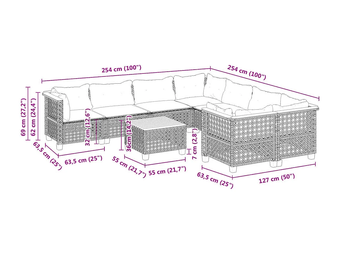 Salon de jardin 9 pcs avec coussins noir résine tressée