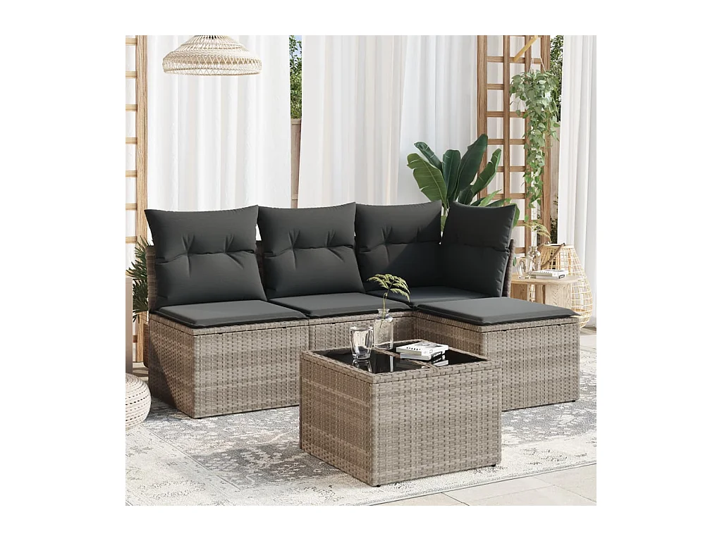 Set de sofás jardín y cojines 5 pzas ratán sintético gris claro