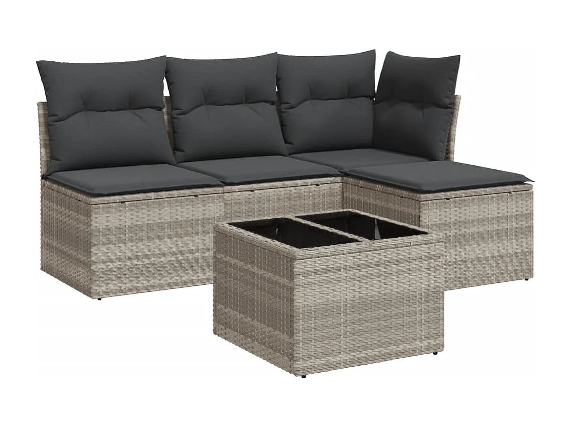 5 pcs conj. sofás jardim c/ almofadões vime PE cinzento-claro