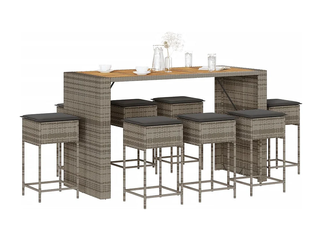 Ensemble de bar de jardin 9 pcs avec coussins gris poly rotin