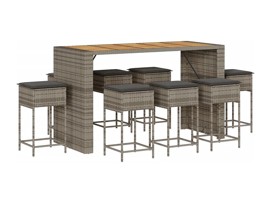 Ensemble de bar de jardin 9 pcs avec coussins gris poly rotin