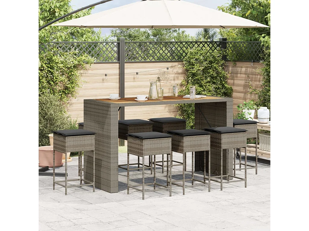 Ensemble de bar de jardin 9 pcs avec coussins gris poly rotin
