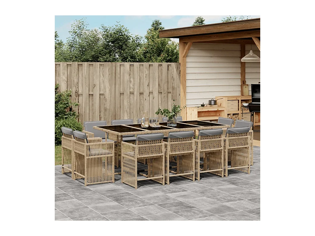 Set Pranzo da Giardino 13 pz con Cuscini Beige Misto Polyrattan