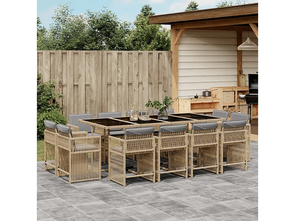 Set Pranzo da Giardino 13 pz con Cuscini Beige Misto Polyrattan