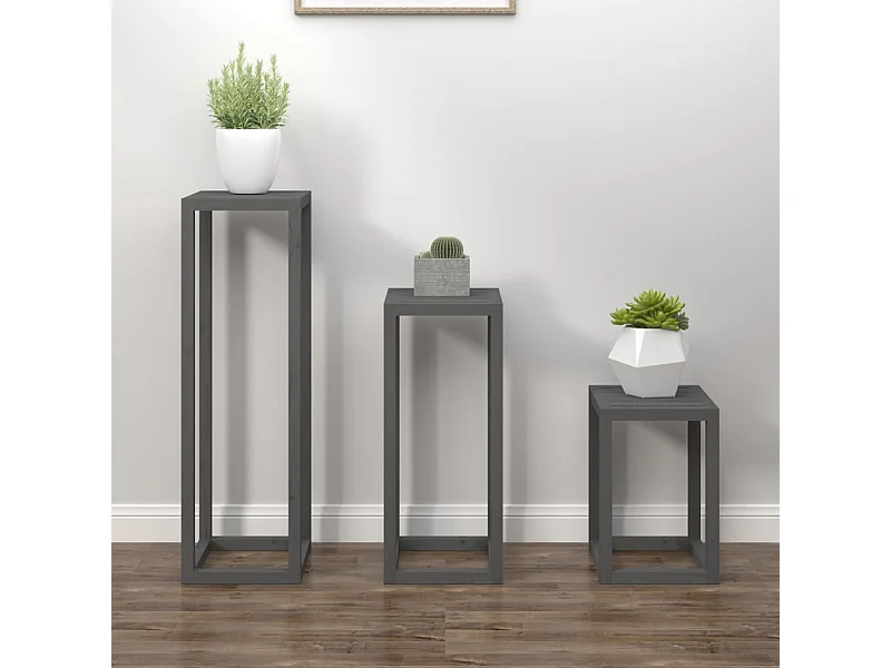 3-teiliges Pflanzenständer-Set aus massivem Kiefernholz in Grau