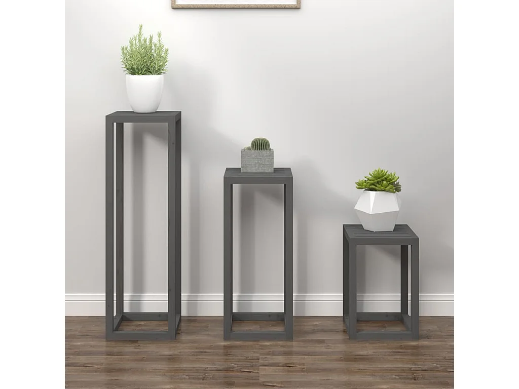 3-delige plantenstandaardset grijs massief grenenhout