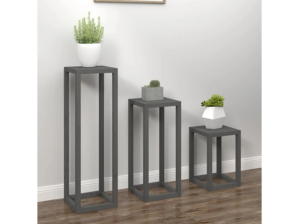 3-teiliges Pflanzenständer-Set aus massivem Kiefernholz in Grau
