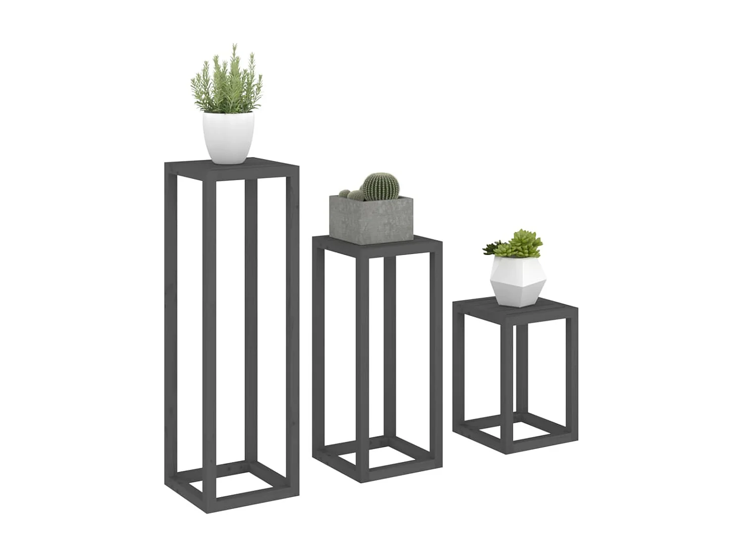 3-teiliges Pflanzenständer-Set aus massivem Kiefernholz in Grau