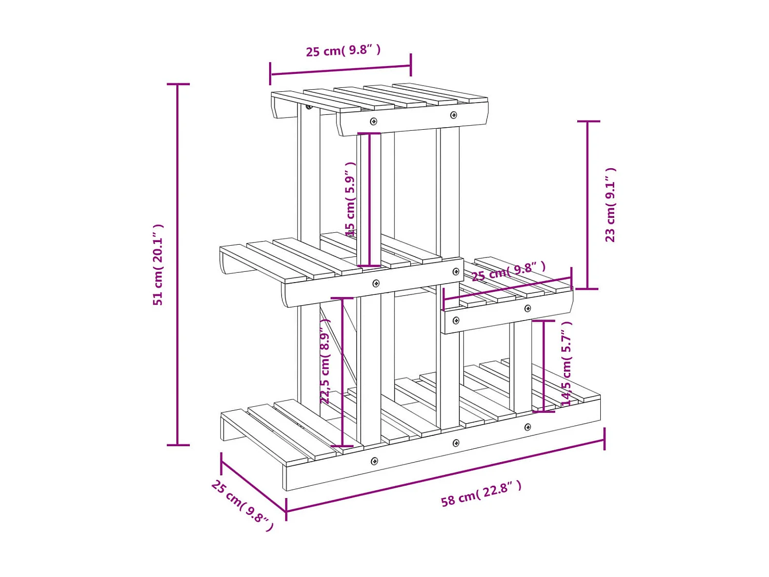 Suporte para flores 58x25x51 cm em madeira maciça de abeto