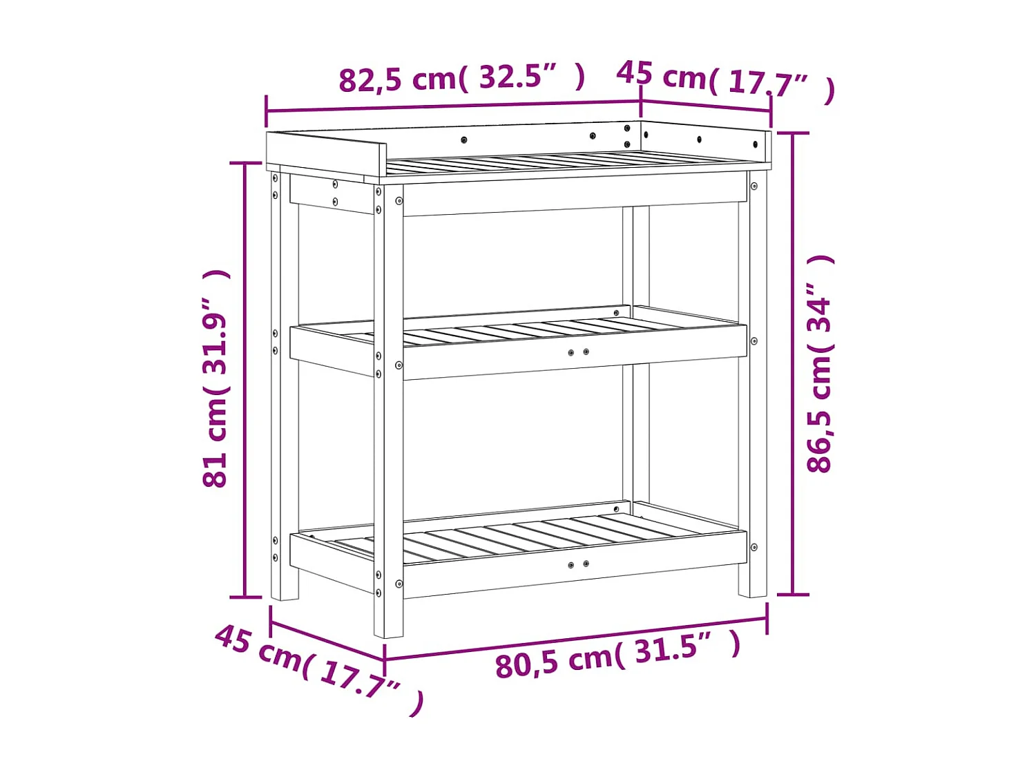 Table de rempotage avec étagères bois massif de douglas