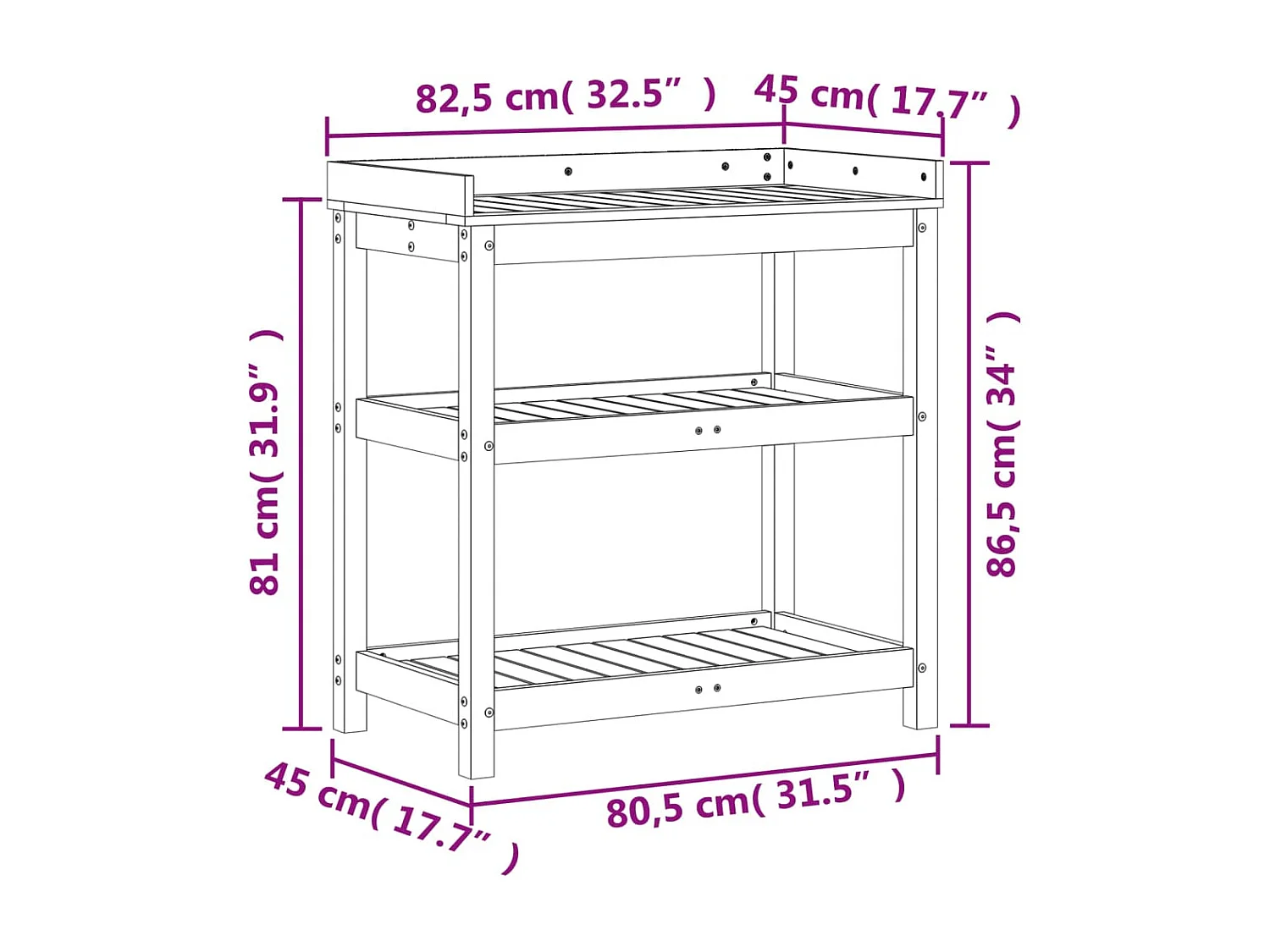 Tavolo e ripiani 82,5x45x86,5 cm in legno massello di pino
