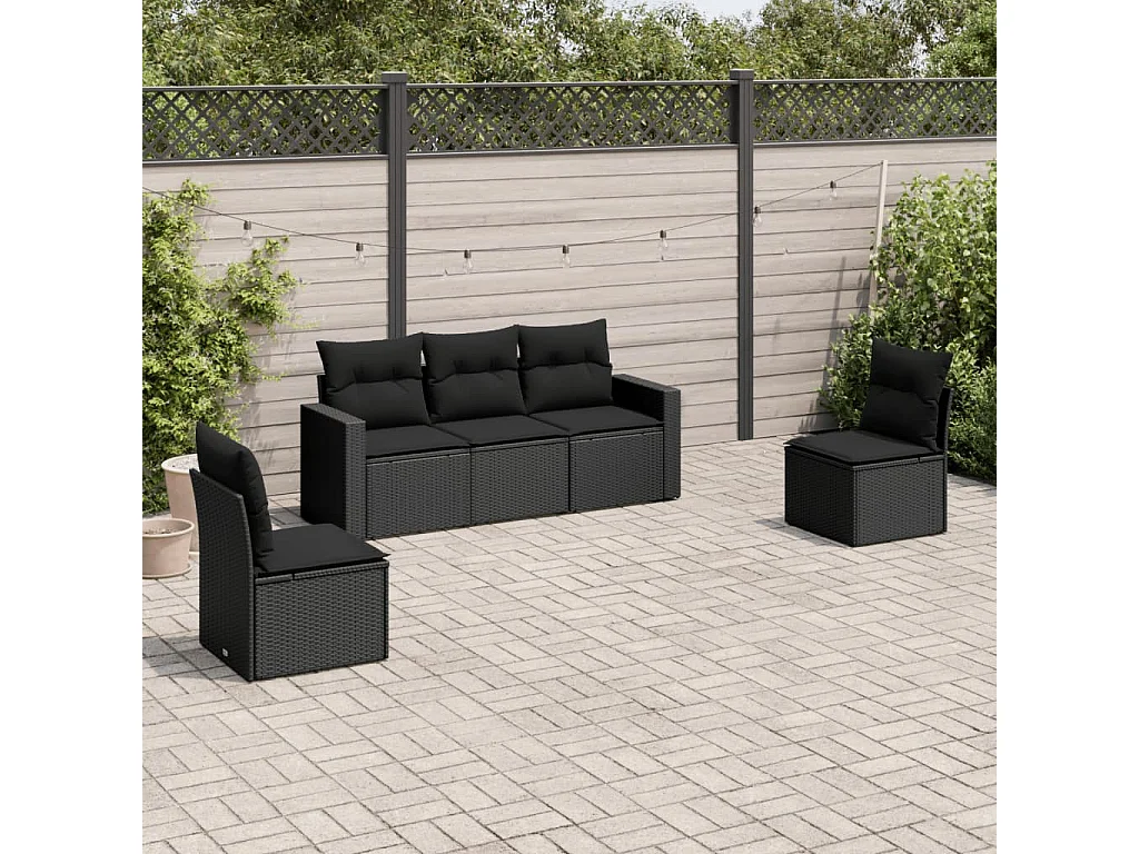 5-tlg. Garten-Sofagarnitur mit Kissen Schwarz Poly Rattan