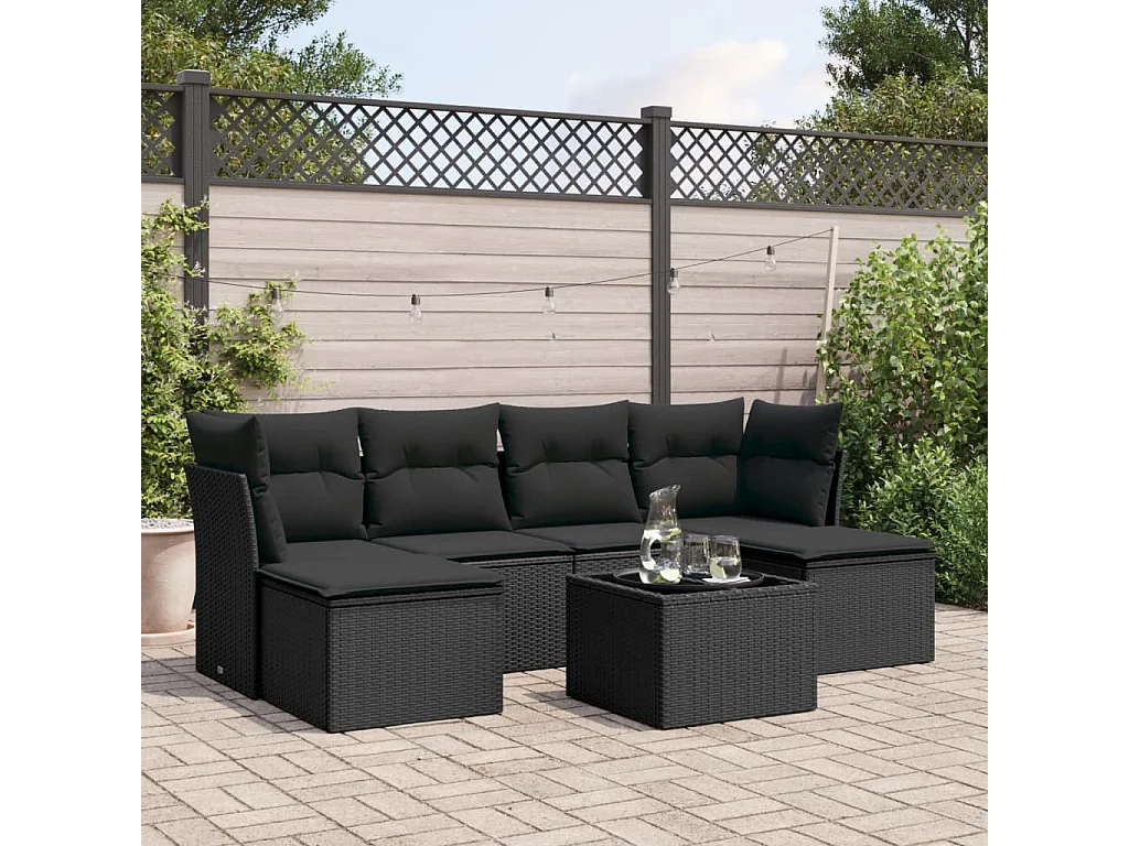 7-tlg. Garten-Sofagarnitur mit Kissen Schwarz Poly Rattan
