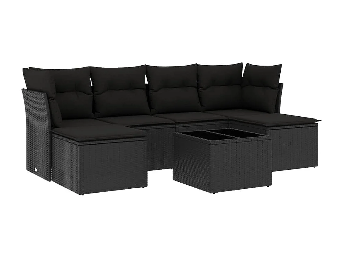 7-tlg. Garten-Sofagarnitur mit Kissen Schwarz Poly Rattan