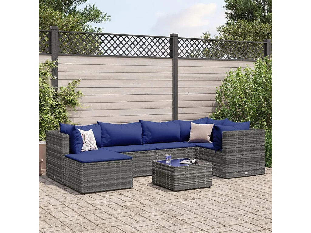 Set Divani da Giardino 7 pz con Cuscini in Polyrattan Grigio