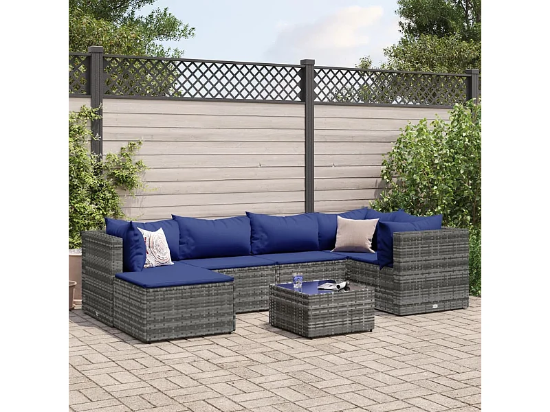 Salon de jardin 7 pcs avec coussins Gris Résine tressée