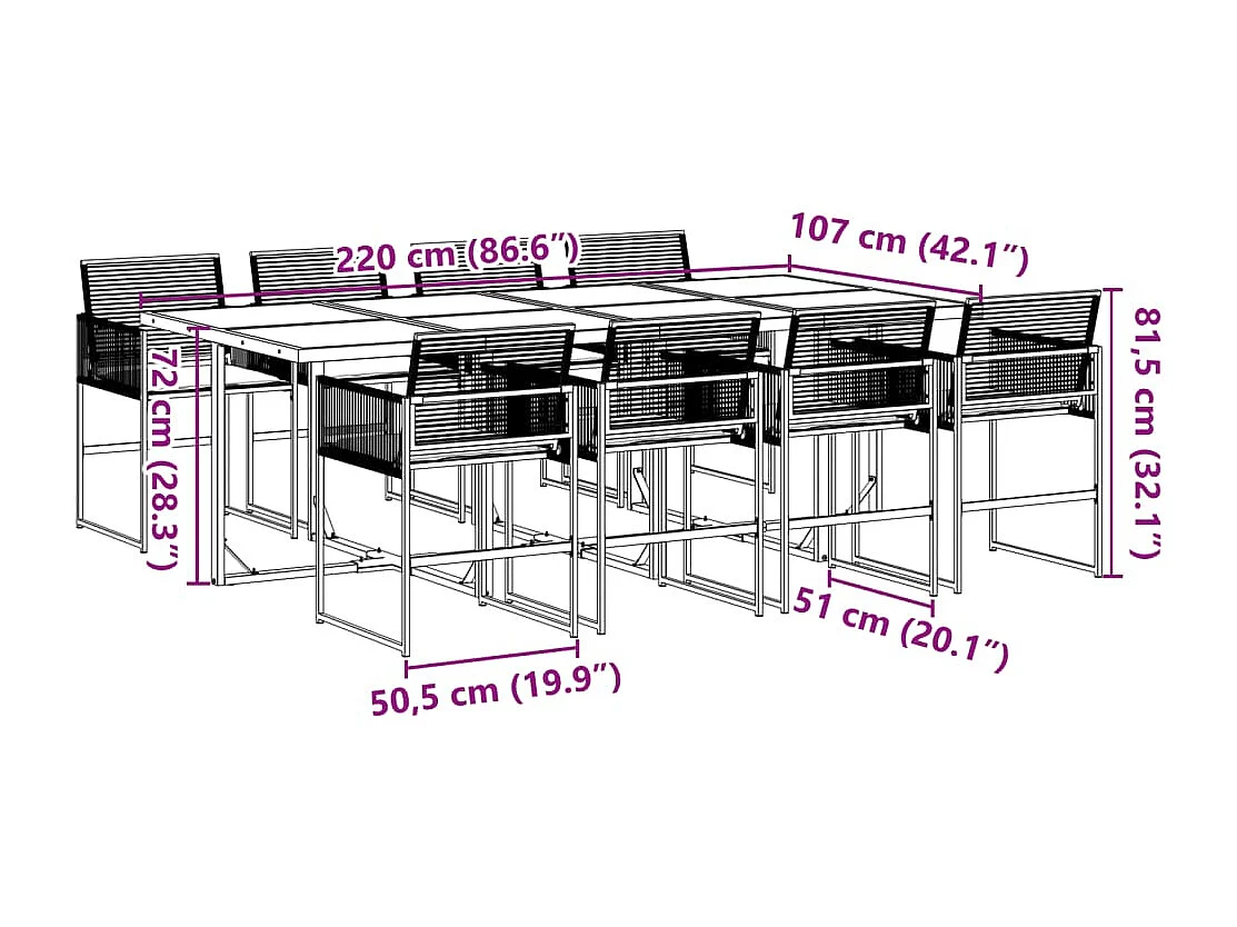 Ensemble à manger de jardin 9pcs coussins noir résine tressée