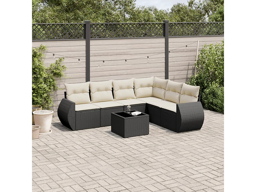 Salon de jardin 7 pcs avec coussins noir résine tressée