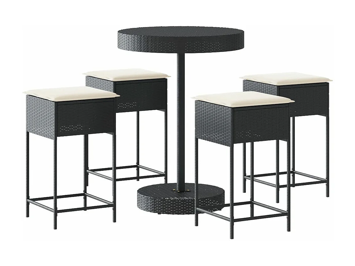 5-tlg. Gartenbar-Set mit Kissen Schwarz Poly Rattan