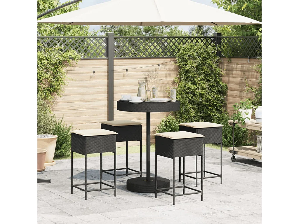 5-tlg. Gartenbar-Set mit Kissen Schwarz Poly Rattan