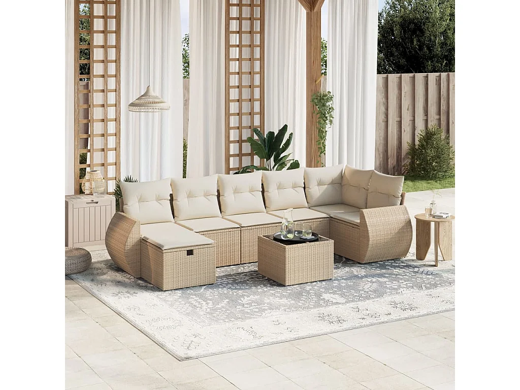 Salon de jardin avec coussins 8 pcs beige résine tressée