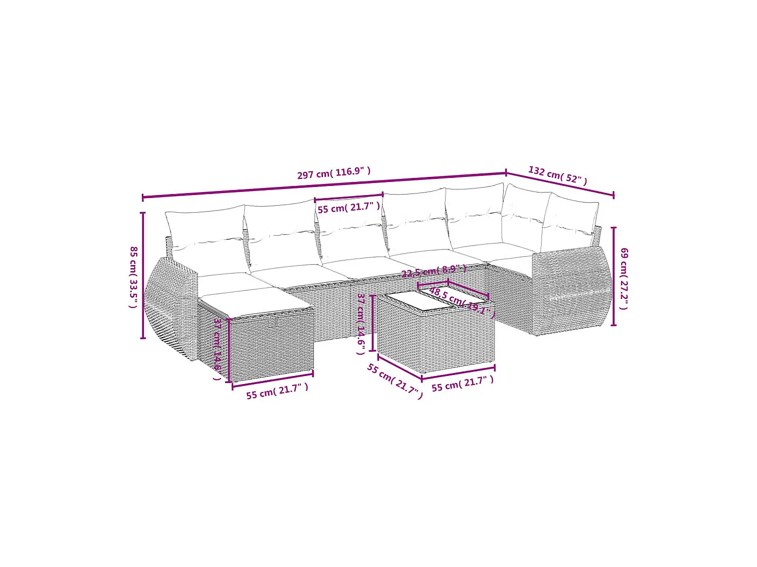 Salon de jardin avec coussins 8 pcs beige résine tressée