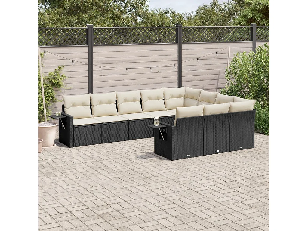 Salon de jardin 10 pcs avec coussins noir résine tressée