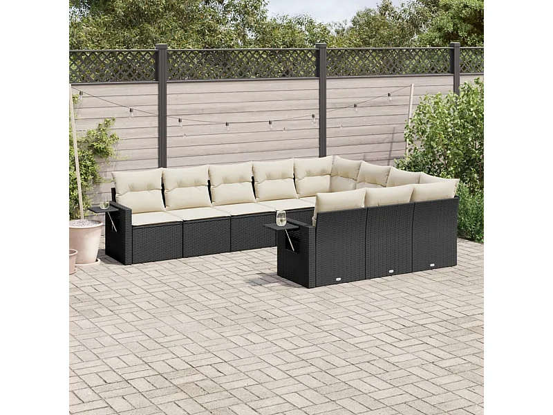 Salon de jardin 10 pcs avec coussins noir résine tressée