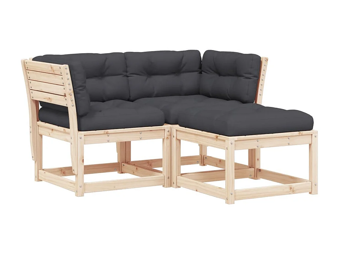 Set Divani Giardino 3 pz con Cuscini in Legno Massello di Pino