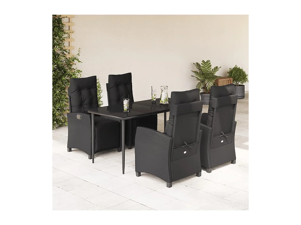 Set da Pranzo da Giardino 5 pz Nero con Cuscini in Polyrattan