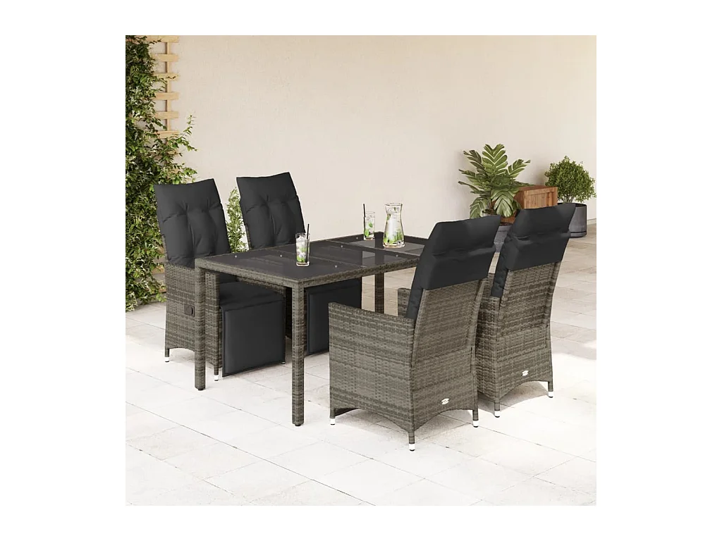 5 pcs conjunto bistrô de jardim c/ almofadões vime PE cinza