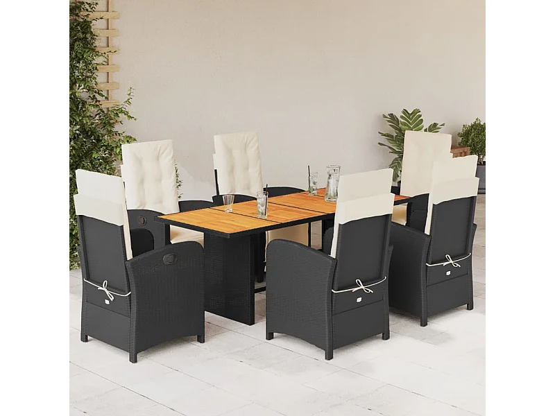 Ensemble à manger de jardin coussins 7pcs Noir Résine tressée
