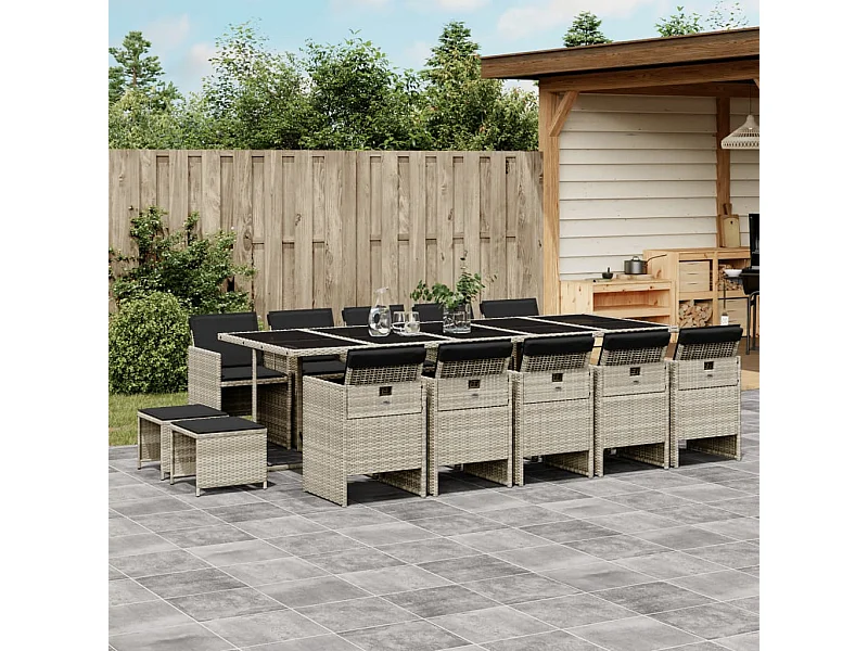 Set da Pranzo da Giardino 15 pz con Cuscini Grigio Polyrattan