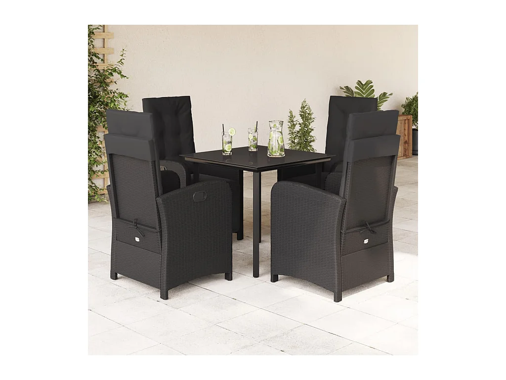 Ensemble à manger de jardin coussins 5pcs Noir Résine tressée