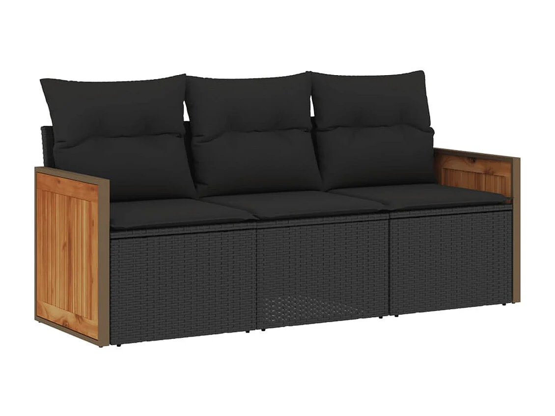 3-delige Loungeset met kussens poly rattan zwart