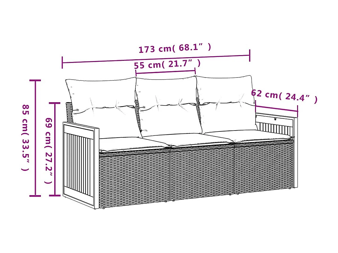 3-delige Loungeset met kussens poly rattan zwart