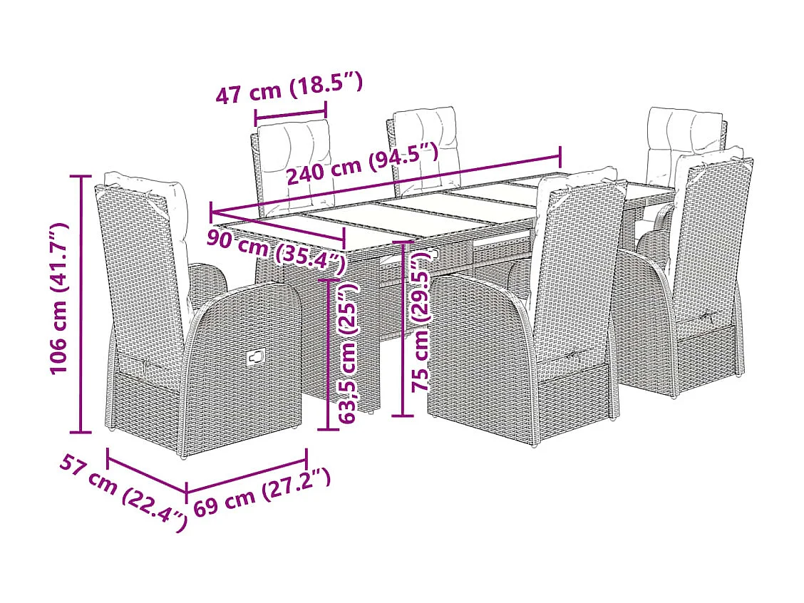 Ensemble à manger de jardin coussins 7 pcs noir résine tressée