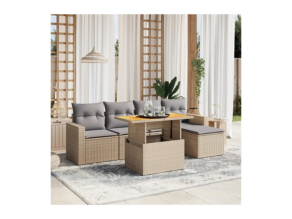 Salon de jardin avec coussins 6 pcs beige résine tressée