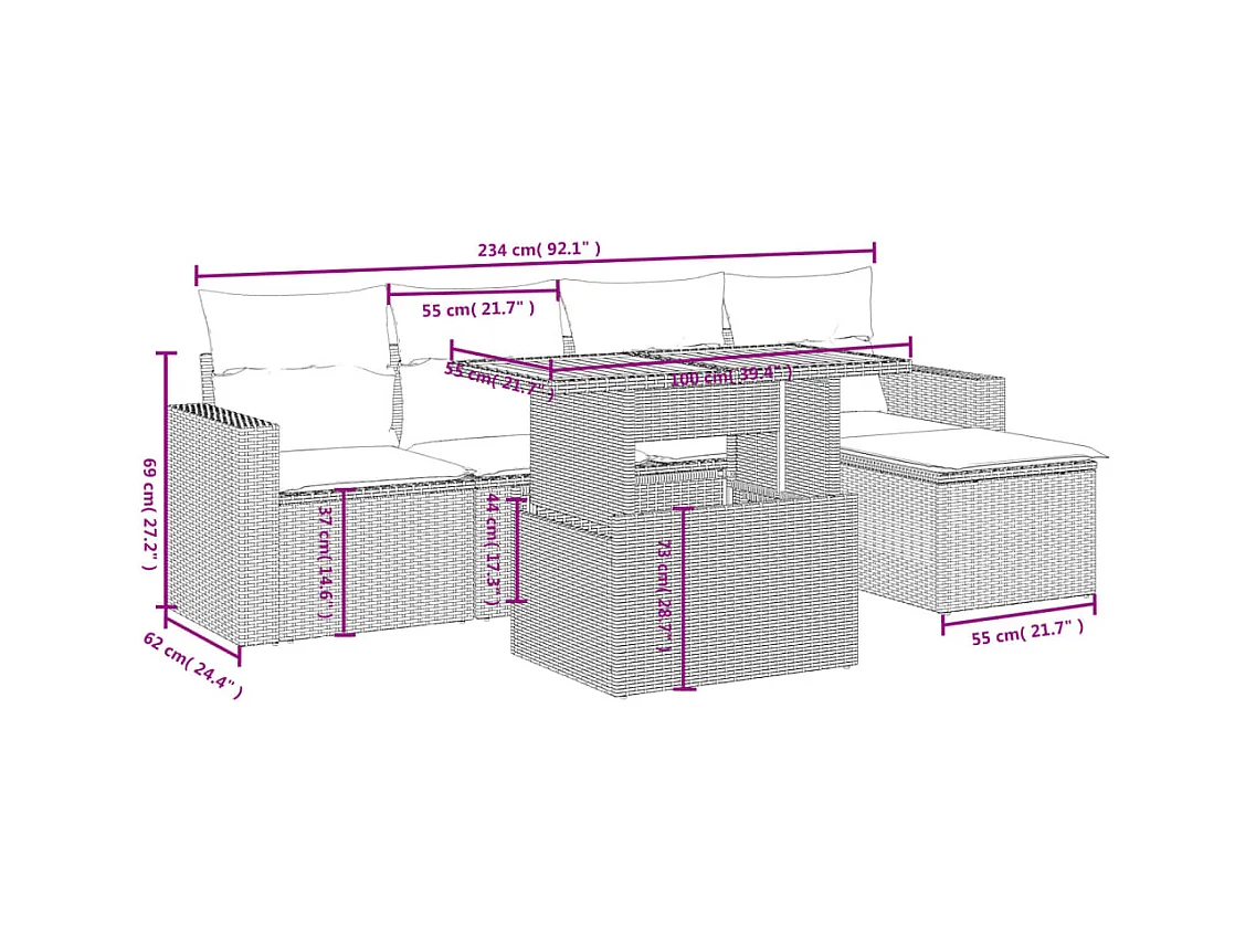 6-tlg. Garten-Sofagarnitur mit Kissen Beige Poly Rattan