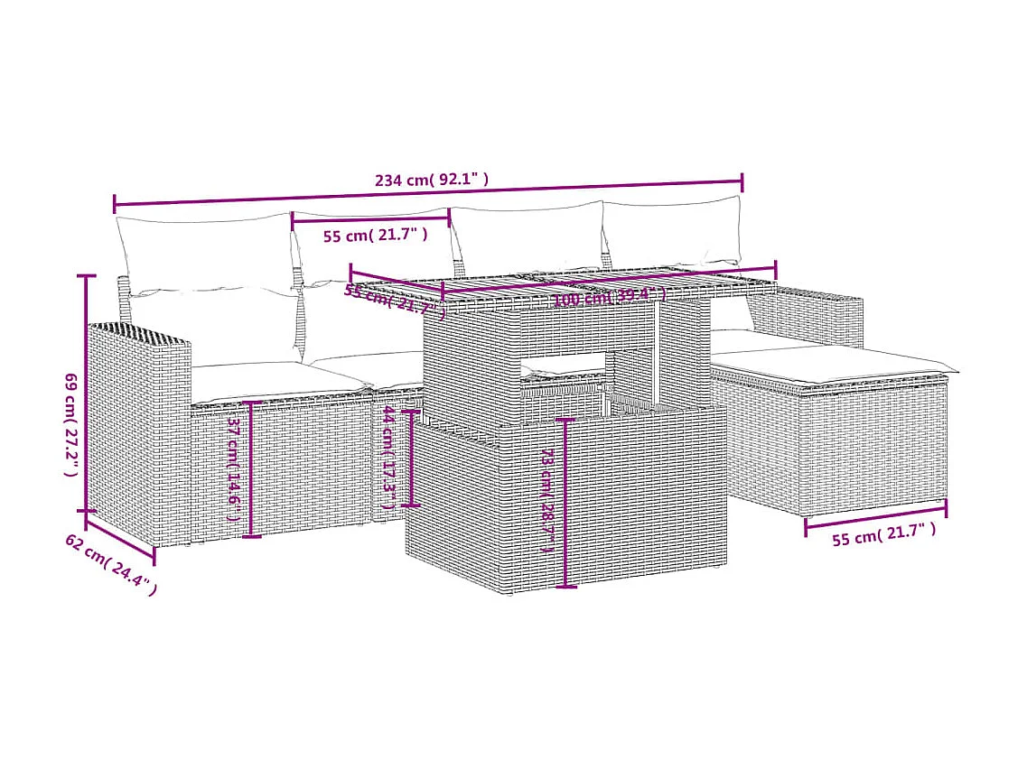 Set Divano da Giardino 6 pz con Cuscini Beige in Polyrattan