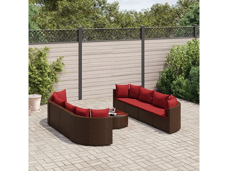 Salon de jardin avec coussins 9 pcs marron résine tressée