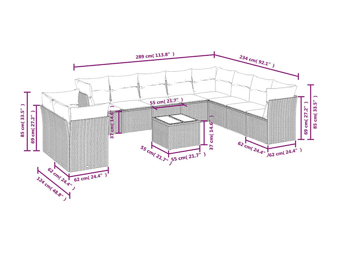 11 pcs conjunto sofás de jardim c/ almofadões vime PE cinzento
