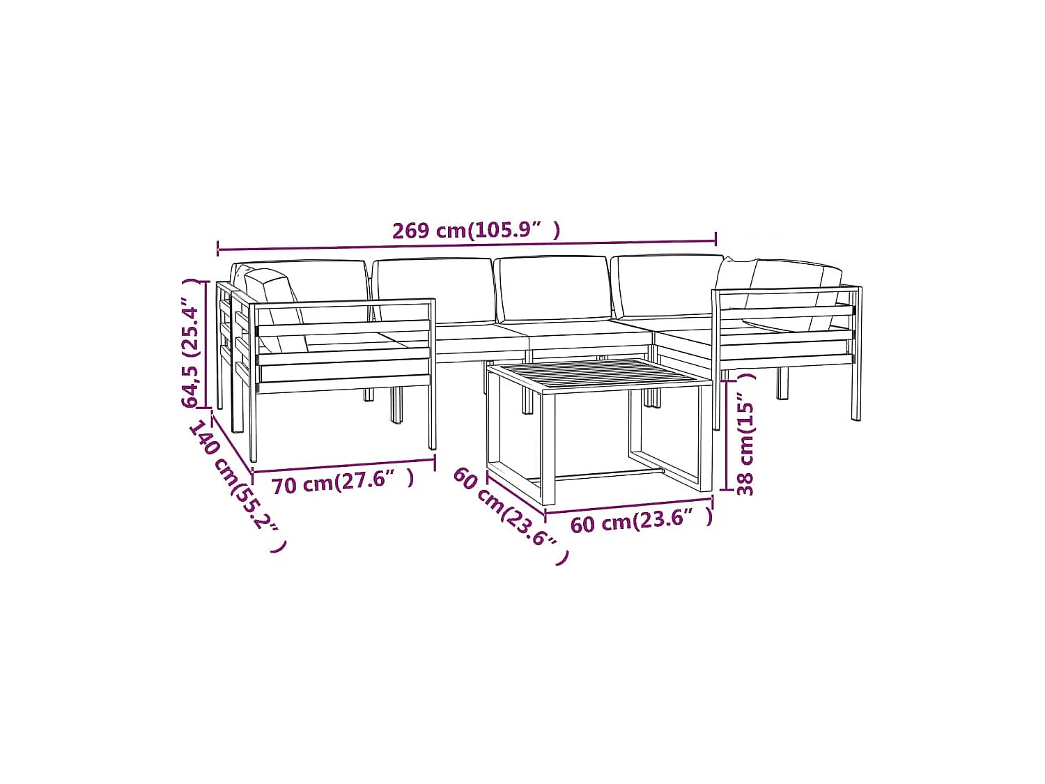 Set Divani da Giardino 7 pz con Cuscini in Alluminio Antracite
