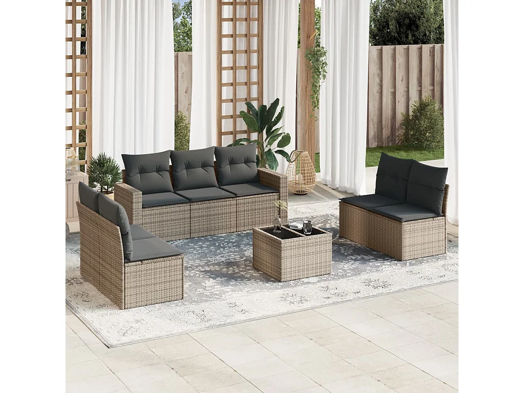 8-tlg. Garten-Sofagarnitur mit Kissen Grau Poly Rattan
