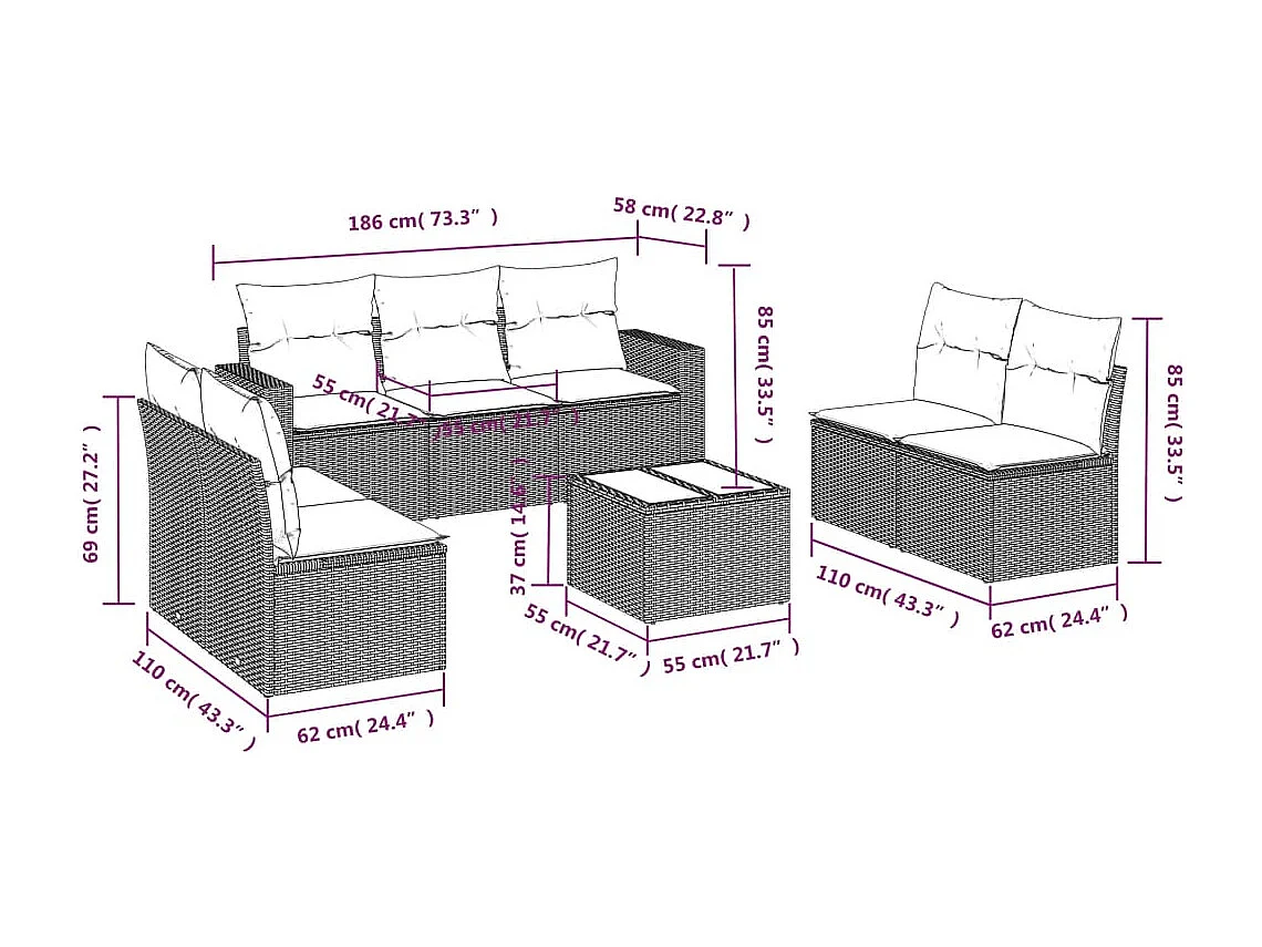 8-tlg. Garten-Sofagarnitur mit Kissen Grau Poly Rattan