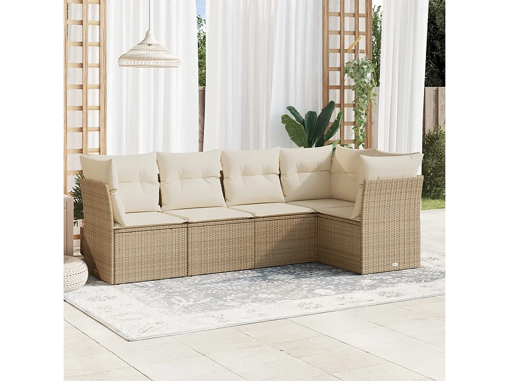 5-tlg. Garten-Sofagarnitur mit Kissen Beige Poly Rattan