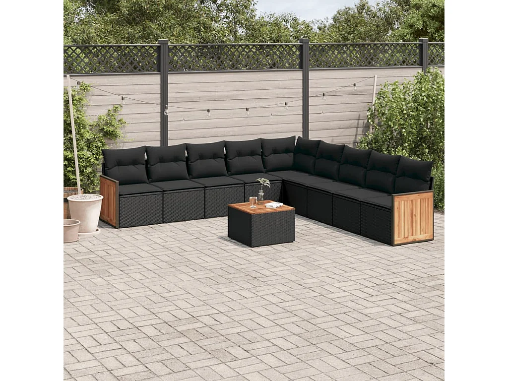 10-tlg. Garten-Sofagarnitur mit Kissen Schwarz Poly Rattan