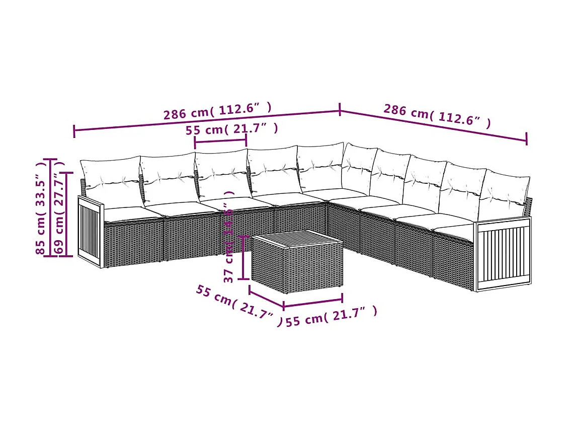 10-tlg. Garten-Sofagarnitur mit Kissen Schwarz Poly Rattan