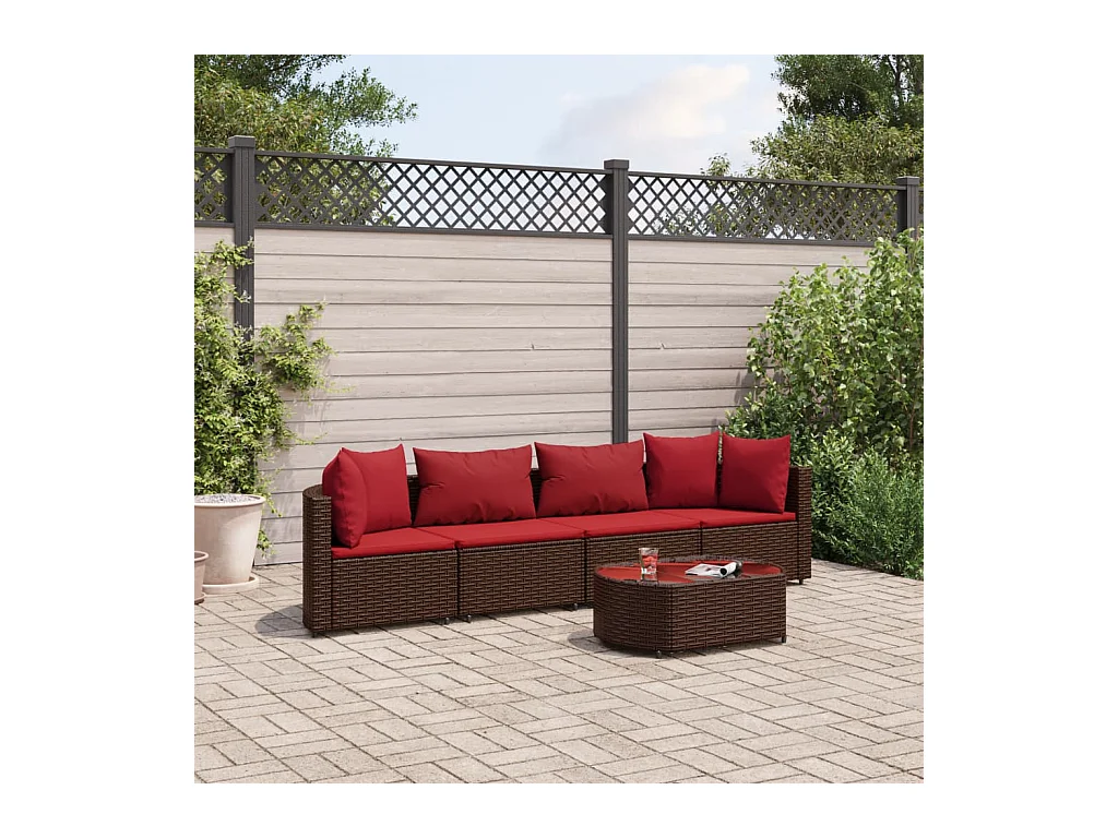5 pcs conjunto sofás p/ jardim c/ almofadões vime PE castanho